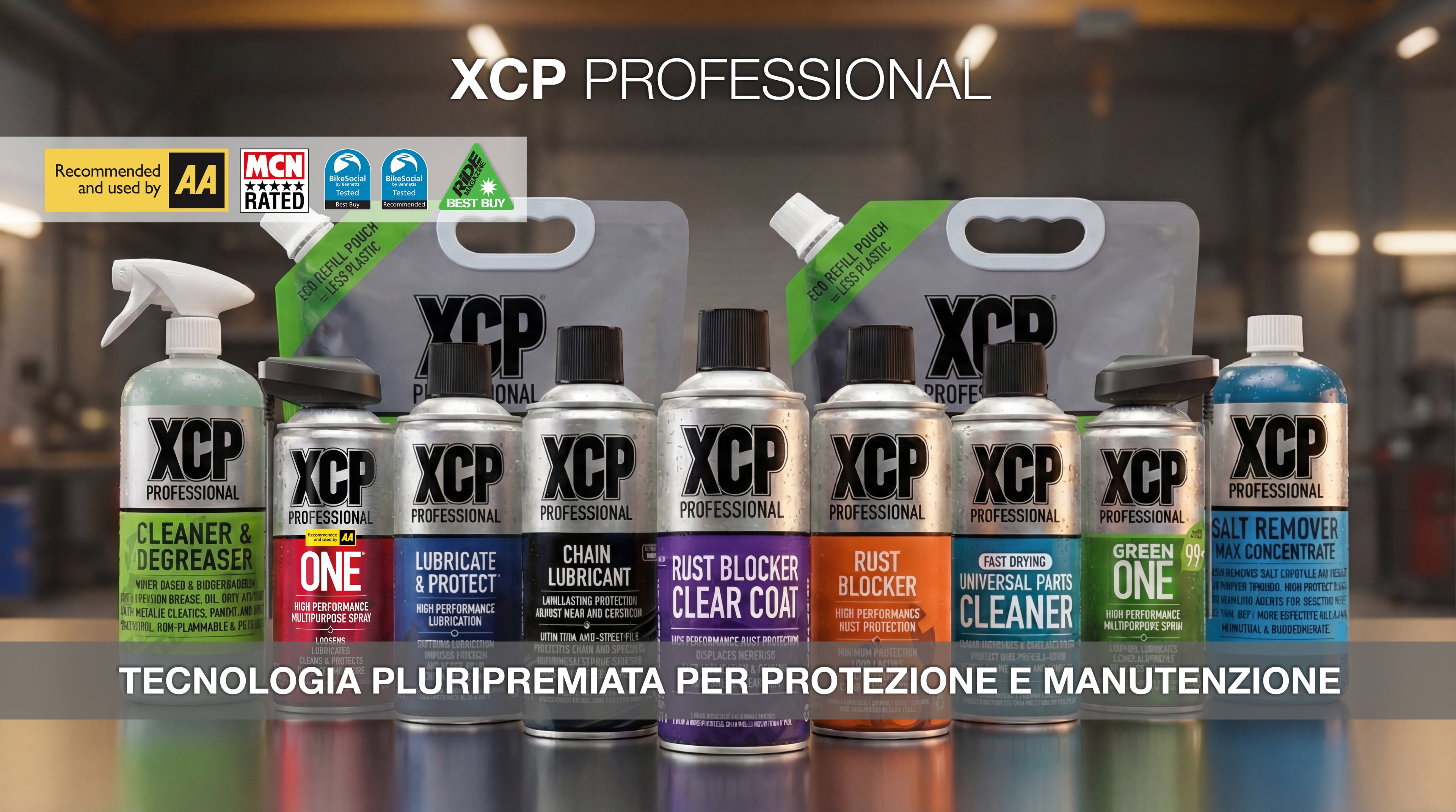 XCP Professional gamma completa di lubrificanti e detergenti per moto, protezione avanzata, Lubrificante catena, contro ruggine